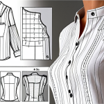 **Close-up technical drawing of a women's blouse:** Focus on detailed stitch work, seam types, and fabric texture. Include front and back views with precise measurements and material specifications. Emphasis on clarity for garment construction.