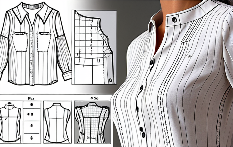 **Close-up technical drawing of a women's blouse:** Focus on detailed stitch work, seam types, and fabric texture. Include front and back views with precise measurements and material specifications. Emphasis on clarity for garment construction.