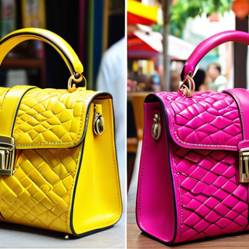 **A vibrant and colorful handbag** in bright yellow or fuchsia, perfect for adding a pop of color to any outfit. The background should depict a trendy cafe scene in Bangkok on a sunny day. Focus on the details of the bag, showcasing its unique texture and design.